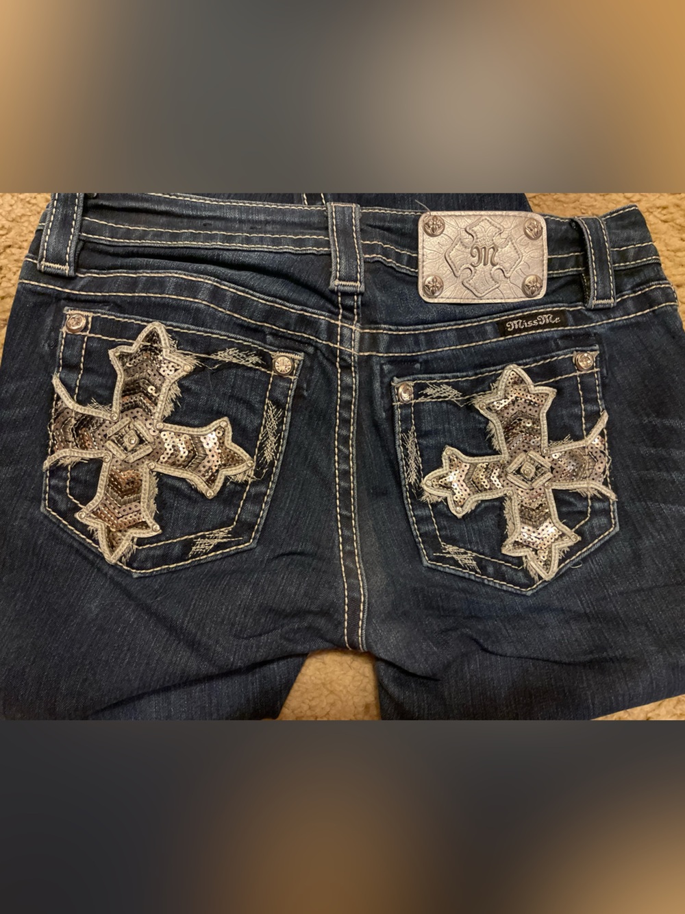 Miss Me Dark Blue Bootcut Jeans with Silver Sequin Cross Pockets